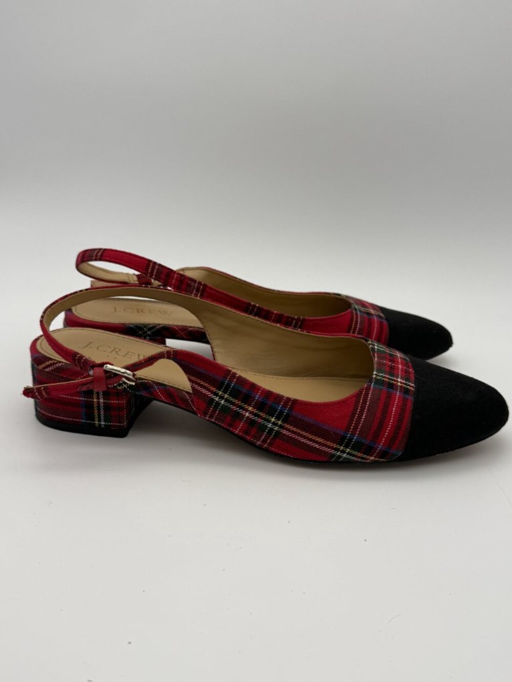 J.Crew Red Tartan Plaid Cap Toe Slingback Block Heel Pumps Size 7.5 - Picture 5 of 9
